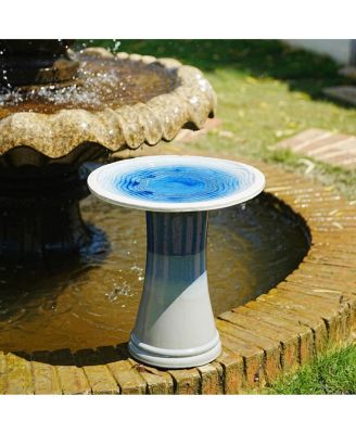  17'' Ceramic Pedestal Bird Bath with Swirl Pattern Blue Ombre