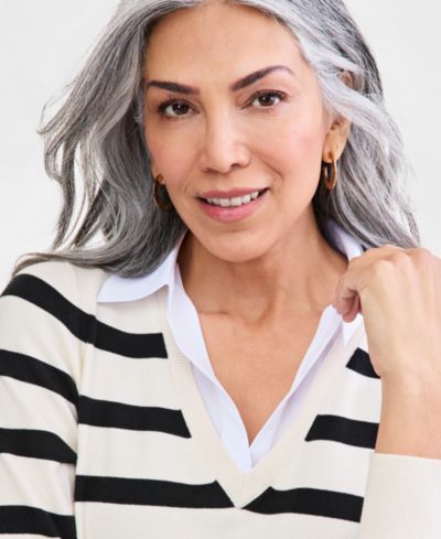 Style & Co Women's Two-Fer Striped V-Neck Sweater
