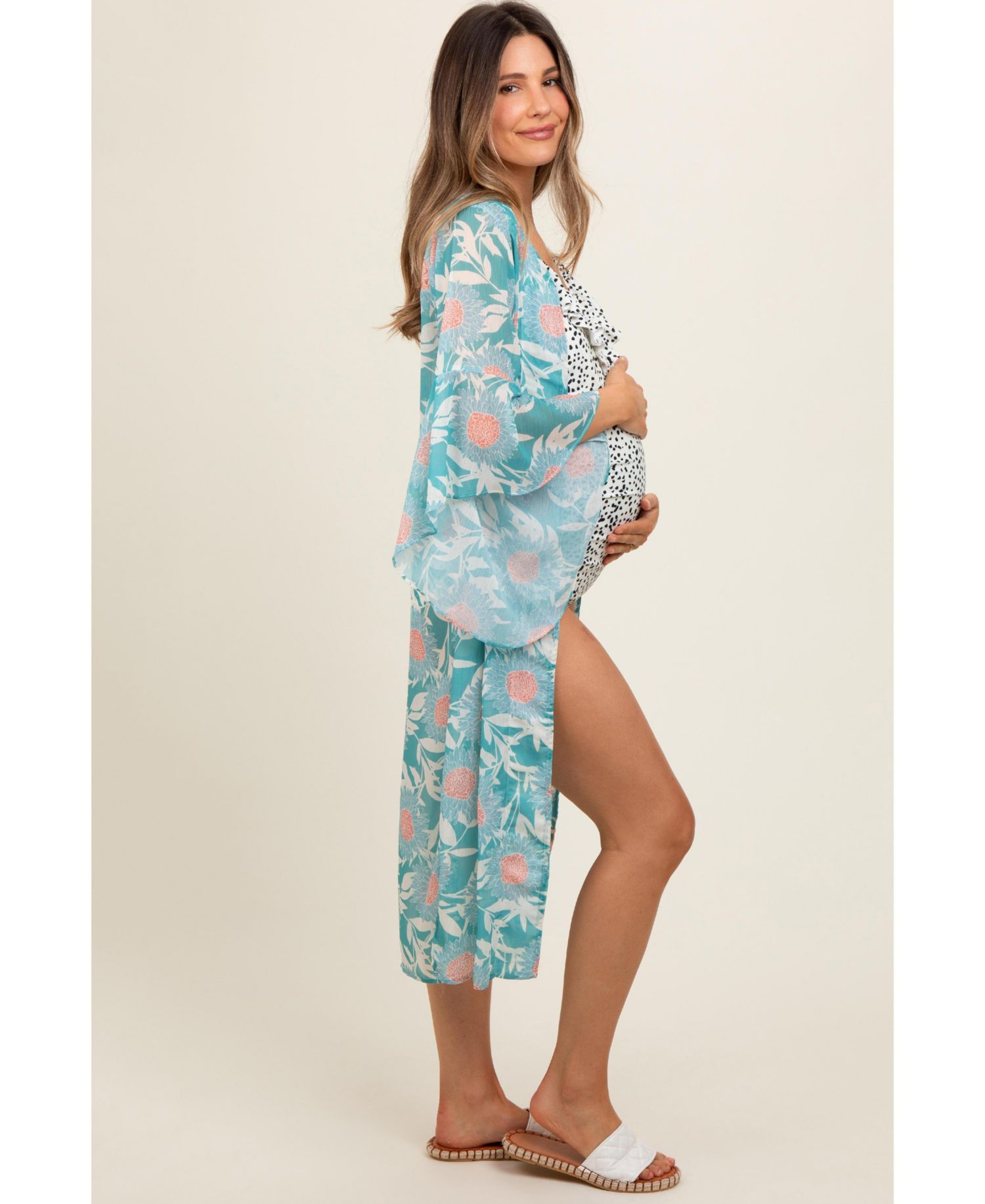 Women's Teal Floral Bell Sleeve Cover-Up