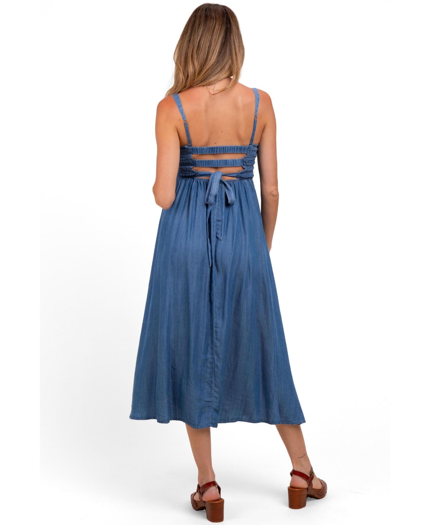 Women's Blue Smocked Chambray Tie Back Cutout Midi Dress