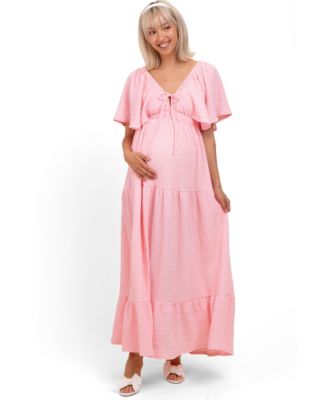 Maternity Light Pink Woven Textured Flutter Sleeve V-Neck Tiered Maxi Dress