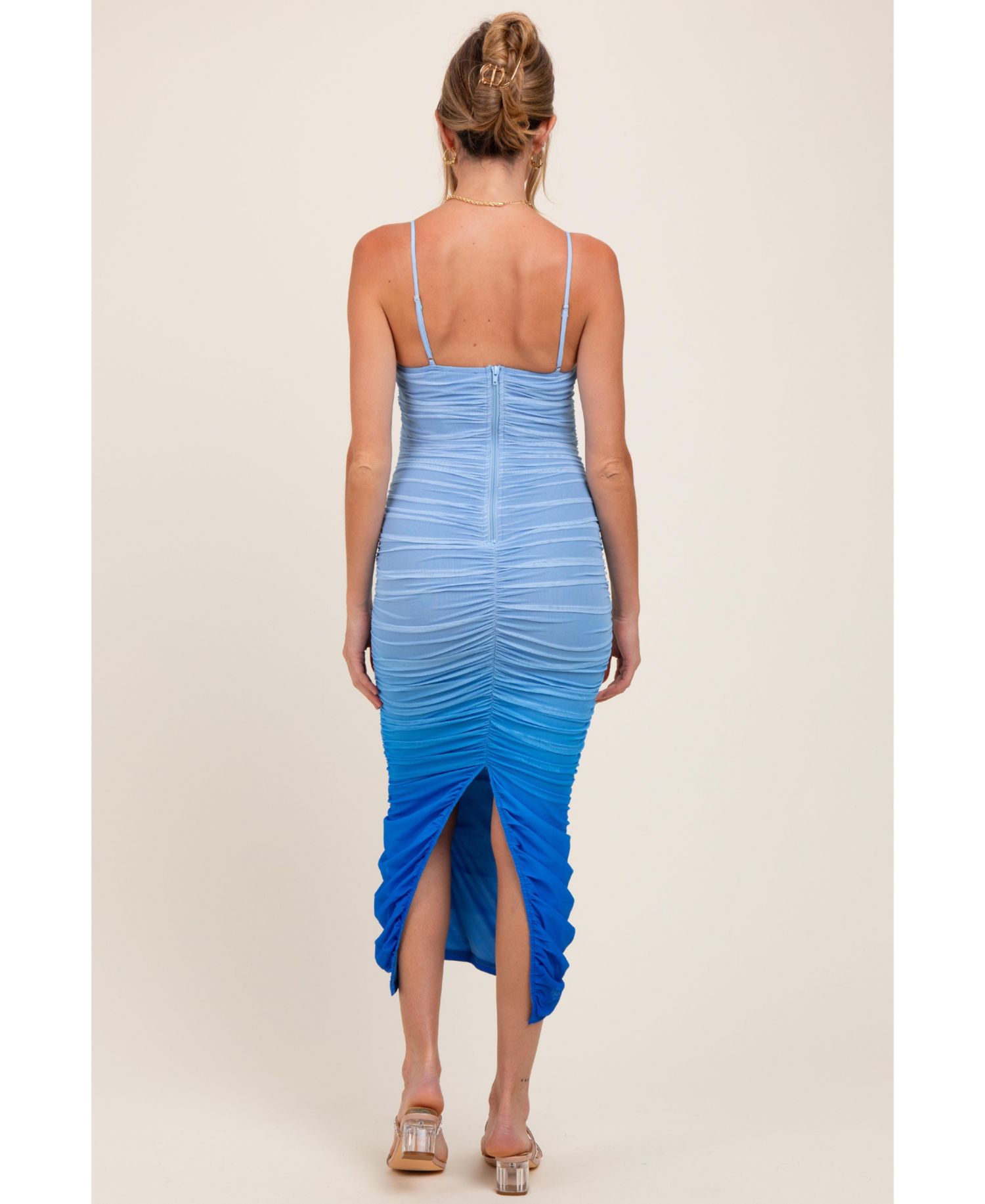 Women's Blue Mesh Ombre Ruched Midi Dress