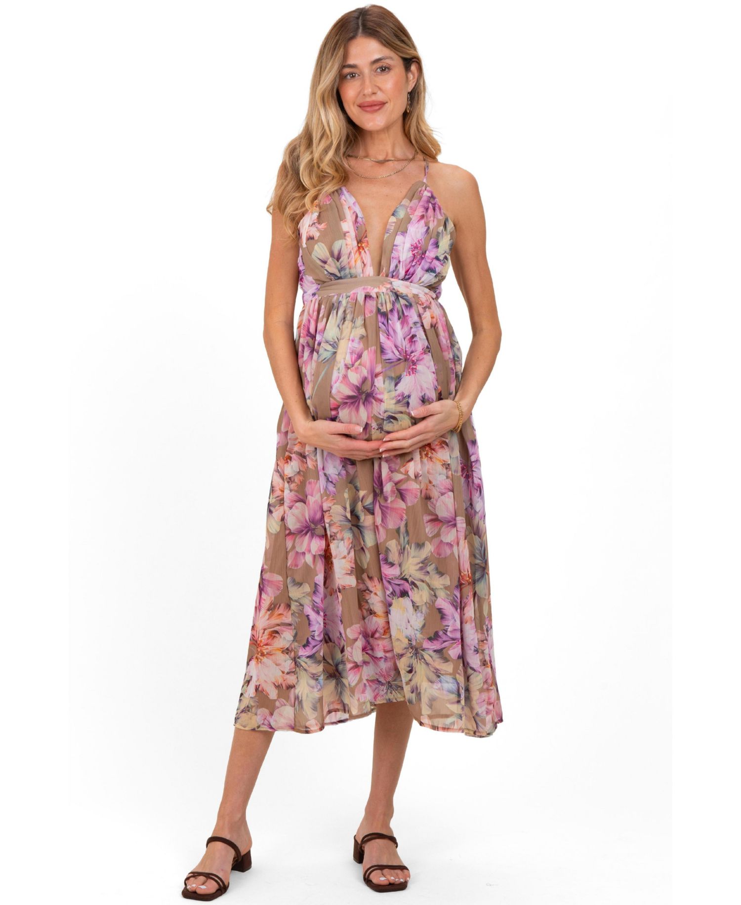 Women's Tan Floral Open Back Midi Dress