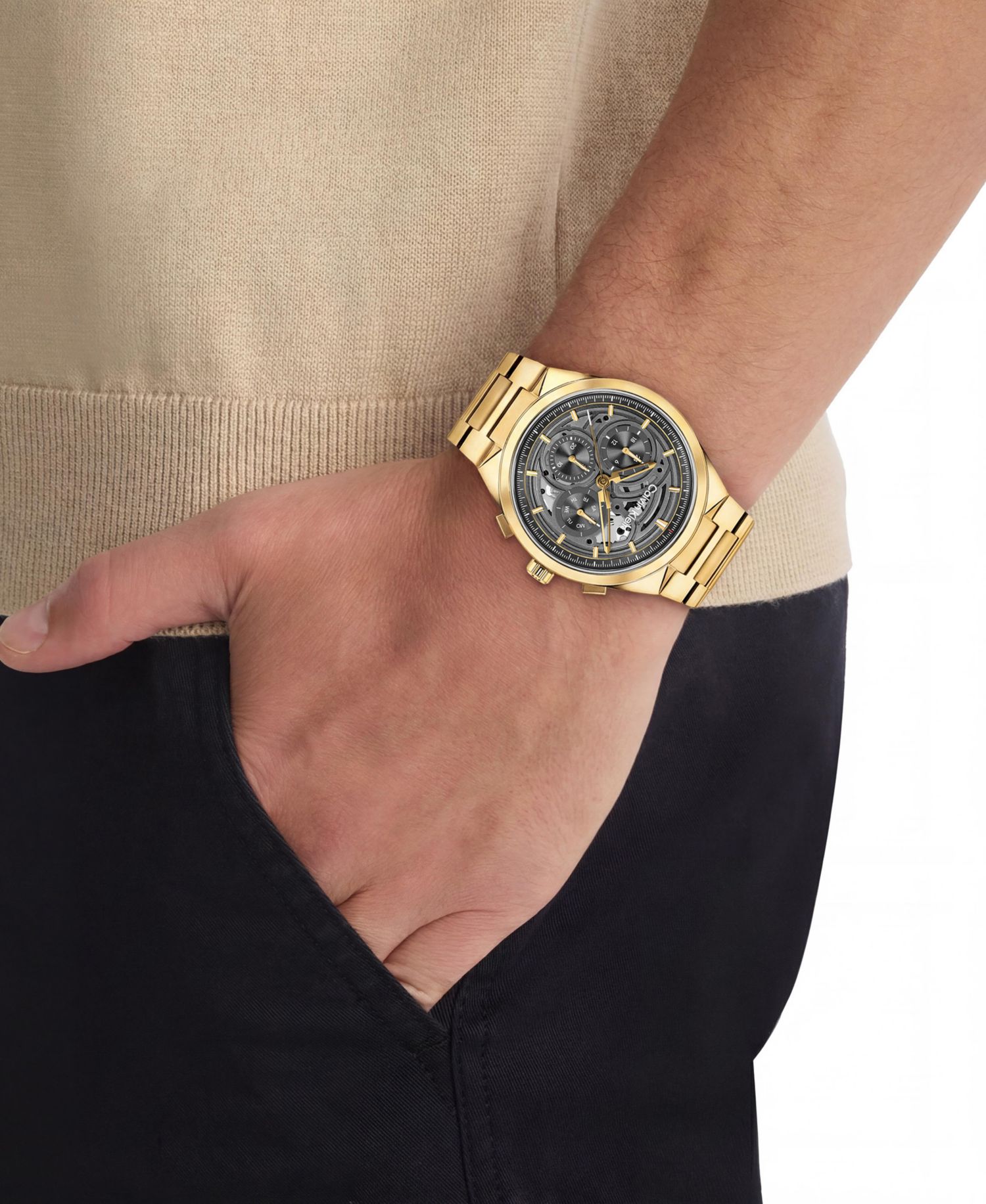 Men's Distinguish Skeleton Gold-Tone Stainless Steel Bracelet Watch 44mm