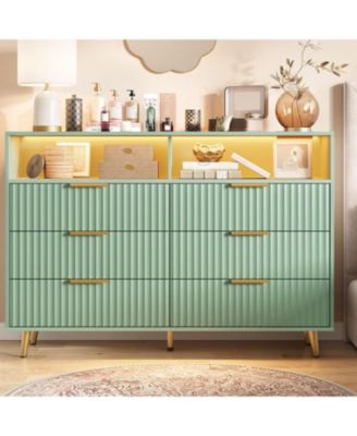 6 Drawers Dresser for Bedroom, 53.9" Wide Dressers with LED Lights and Charging Station, Curved Profile Design