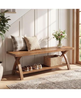 47.24" Solid Wood Entryway Bench with Shoe Storage, 2-Tier Rustic Indoor Bench