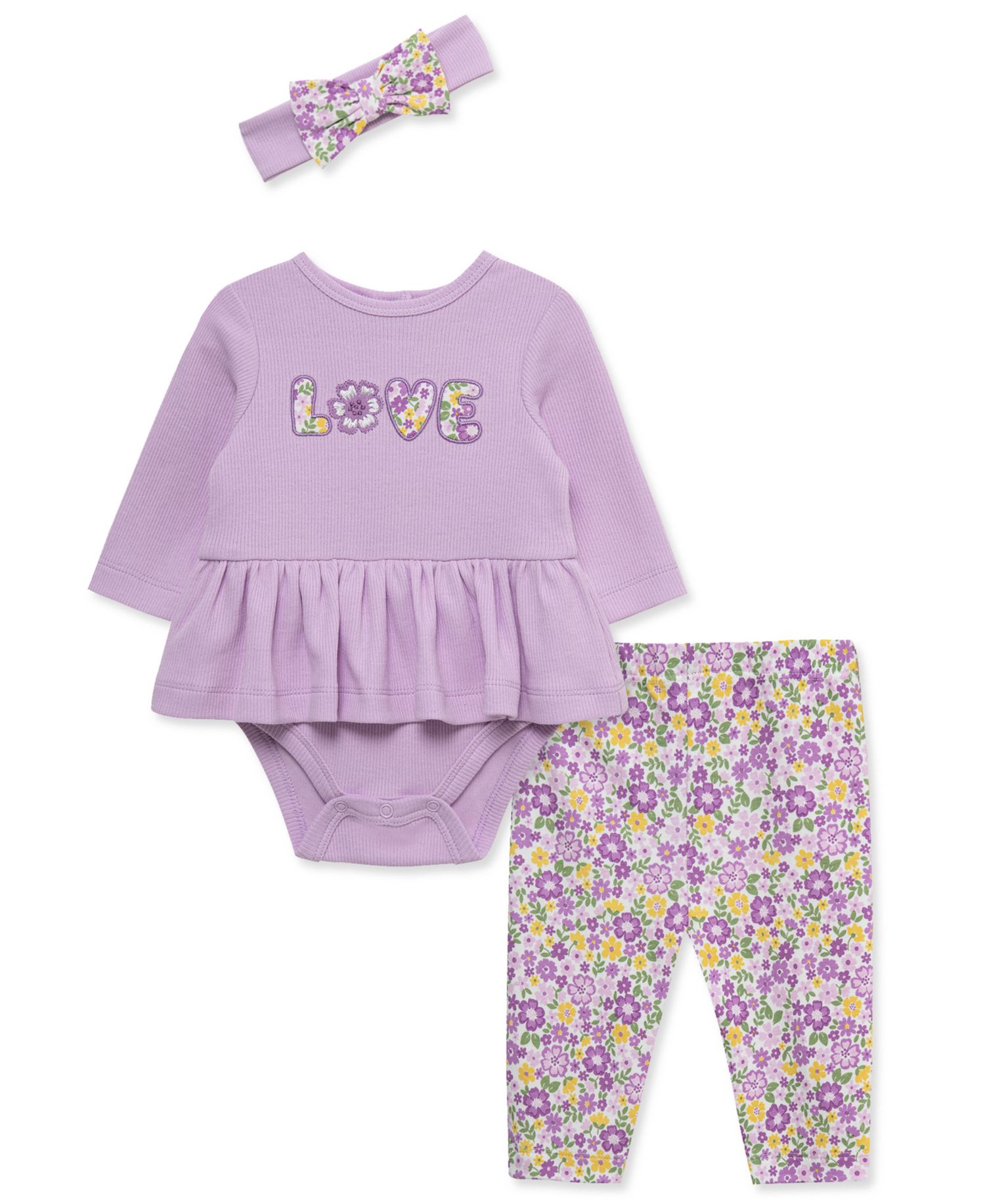 Baby Girls' Love Long-Sleeve Bodysuit, Pants and Headband, 3-Piece Set