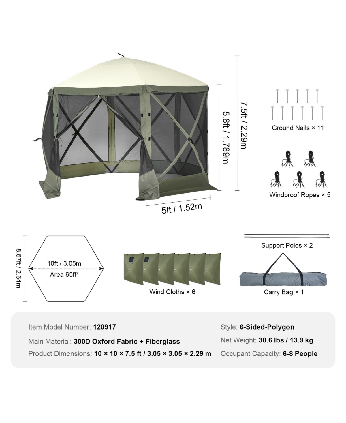 Vevor Pop-up Camping Gazebo Camping Canopy Shelter 6 Sided Sun Shade