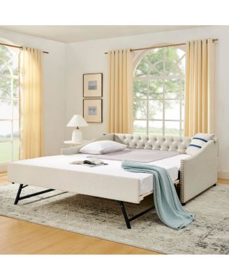 Full Size Daybed with Pull-out Twin Bed USB Charging and Button-Tufted Arms