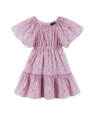 Girls Flutter Sleeve Seersucker Bow Dress