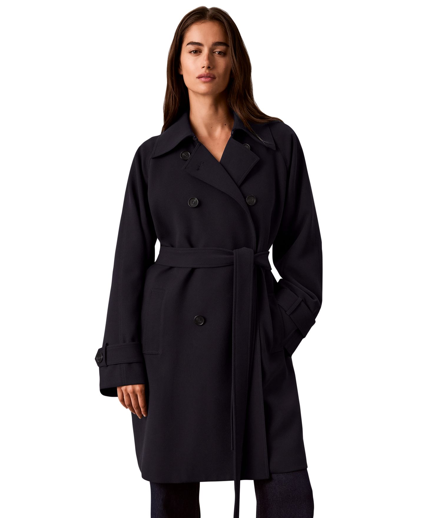 Женское пальто Calvin Klein Petite Double-Breasted Belted Trench, цвет: Насыщенный тёмно-синий — фото 1