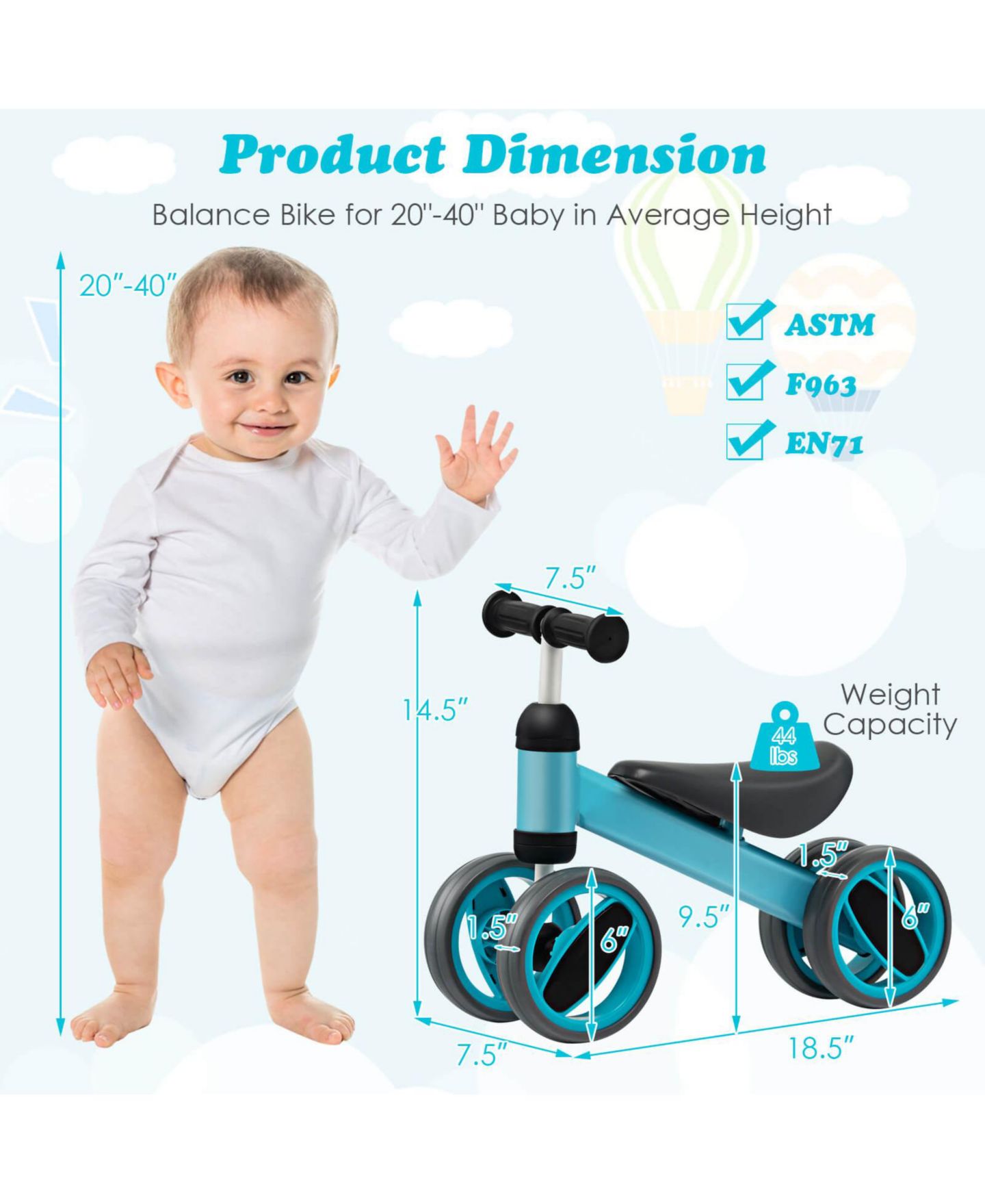 Детская игрушка Mecale Lightweight 4-Wheel Balance Bike, 44-lb Capacity, Ages 1-2, цвет: Синий — фото 3