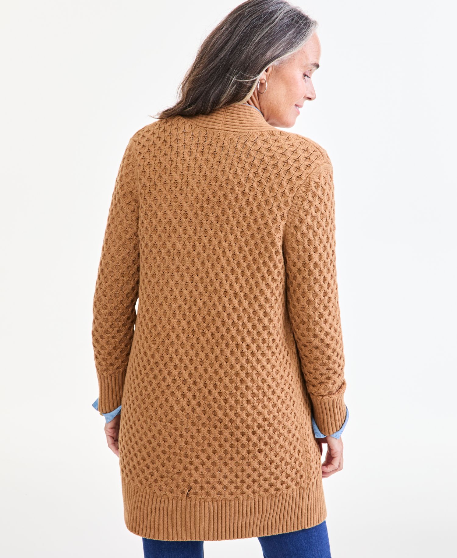 Petite Honeycomb-Knit Open-Front Long Cardigan