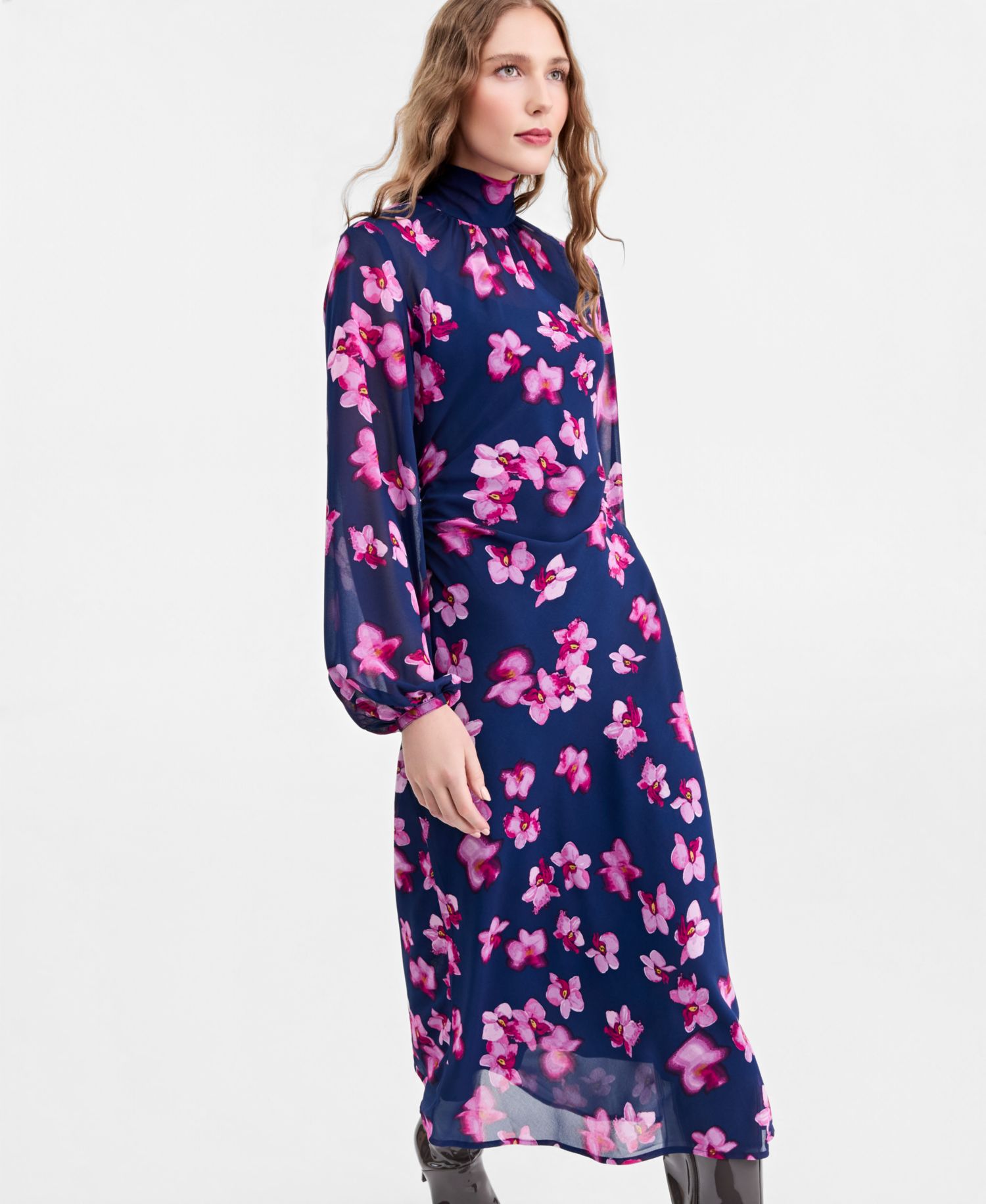 Women's Floral-Print A-Line Mock-Neck Midi Dress