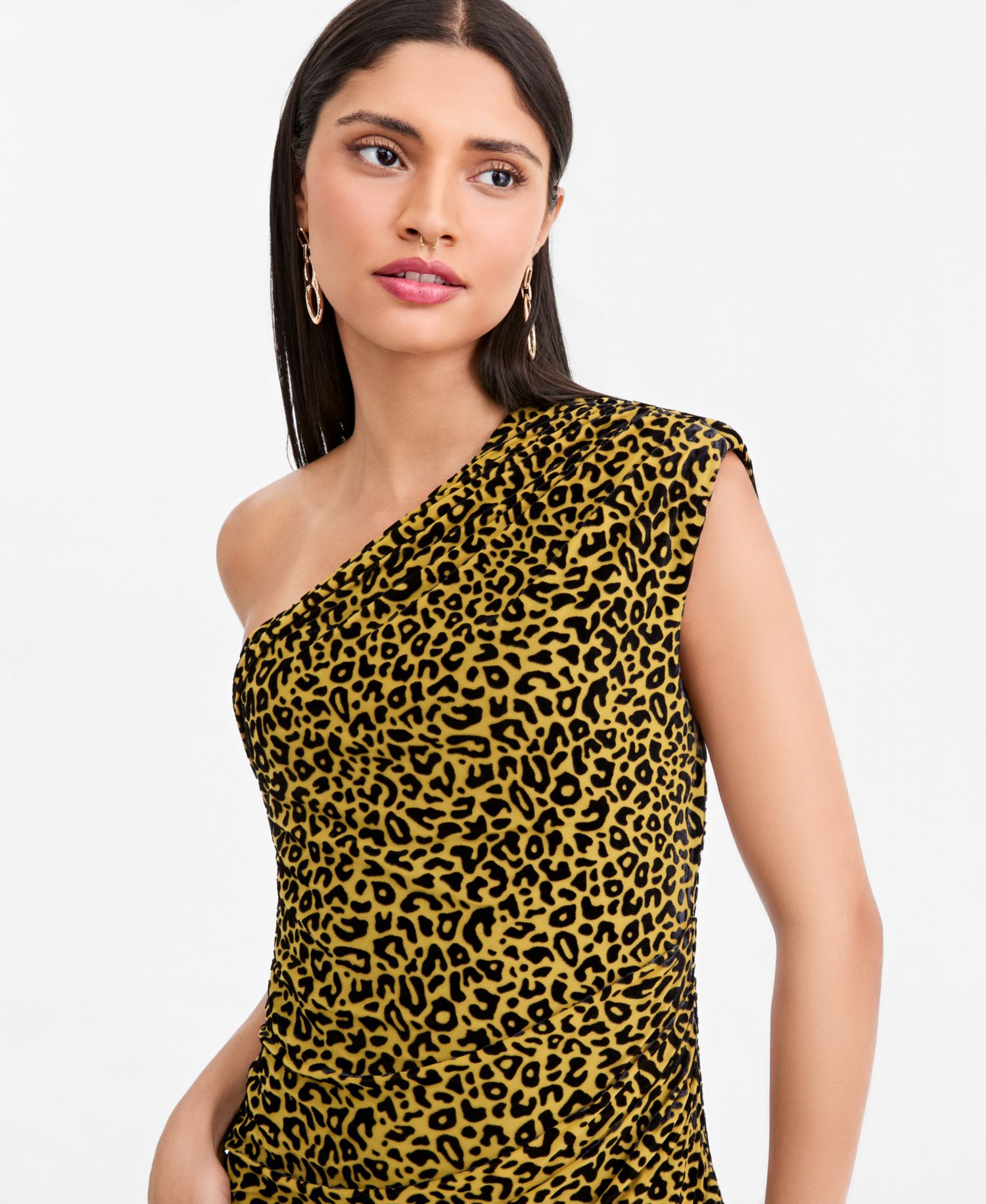 Women's Leopard Embossed One-Shoulder Side-Slit Dress