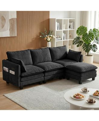 Modern Chenille 3-Seat Sofa with Ottoman USB Ports and Side Pockets