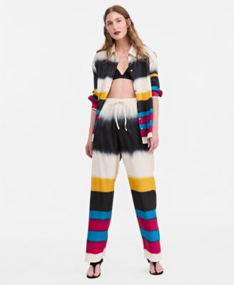Women's Satin Stripe Button-Up Shirt & Tie-Waist Satin High-Rise Pant