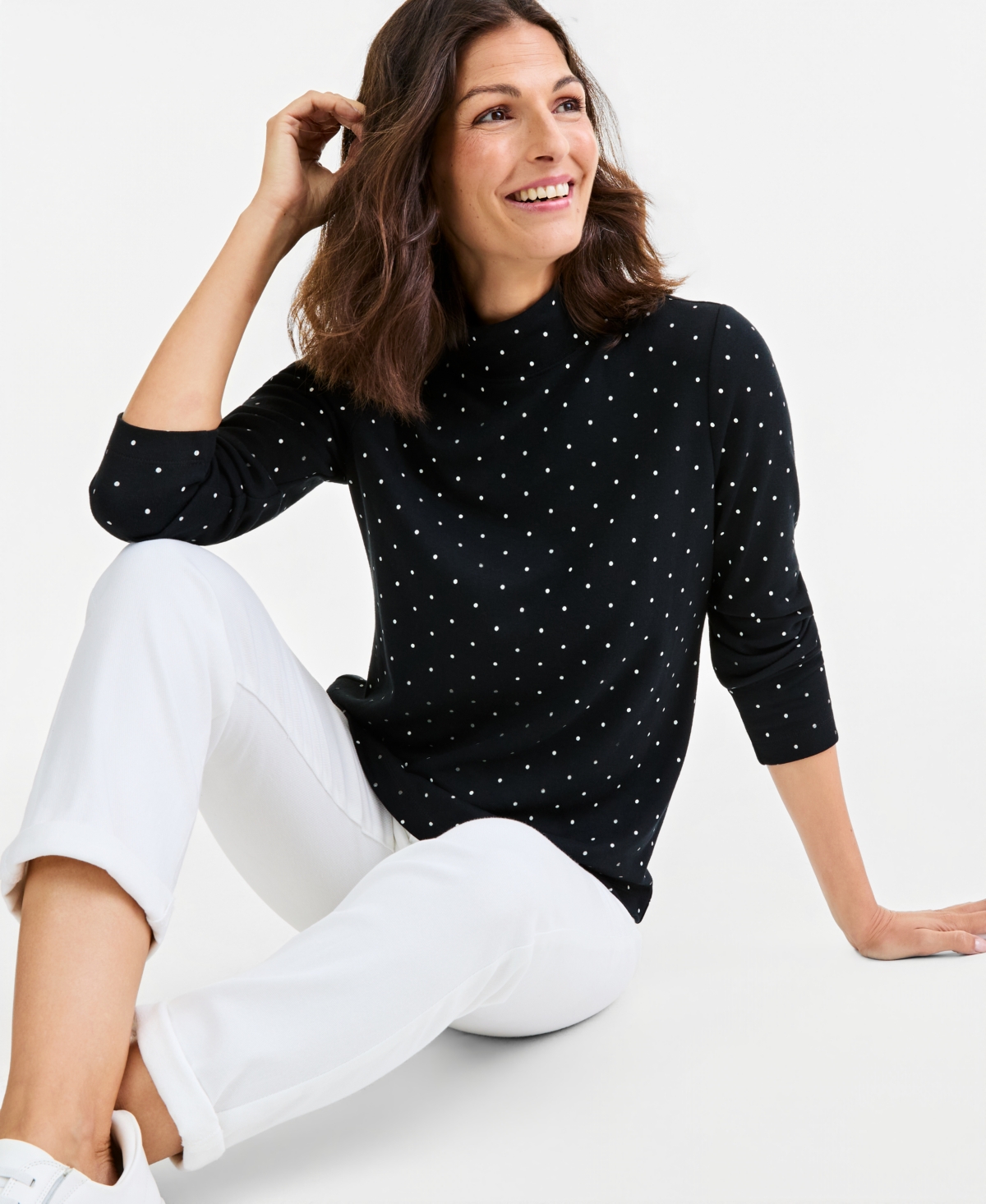 Style & Co Petite Micro Polka Dot Mock Neck Long-Sleeve Top, Macy's Exclusive