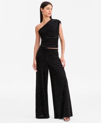 Women's Leopard Embossed Velvet One-Shoulder Sleeveless Top & Wide Leg Pant