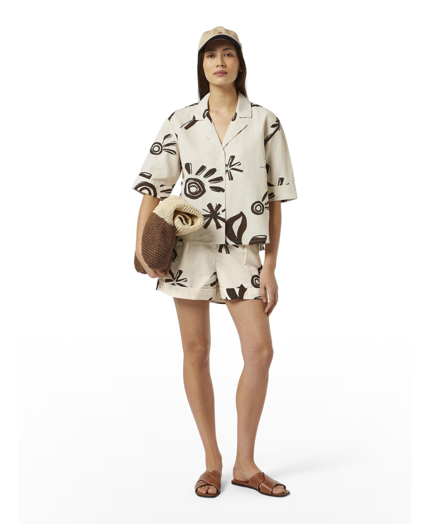 Women's Cotton Linen Printed Short Sleeve Top