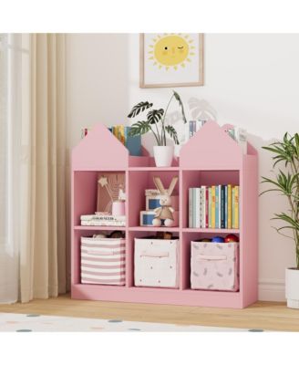 Kids Castle Cube Toy Storage Organizer, Wooden 6 Cubby Bookshelf with Anti Tip Device for Playroom or Bedroom