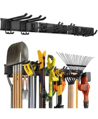 Wall mounted tool storage rack with hooks suitable for gardening tools ladders and shovels