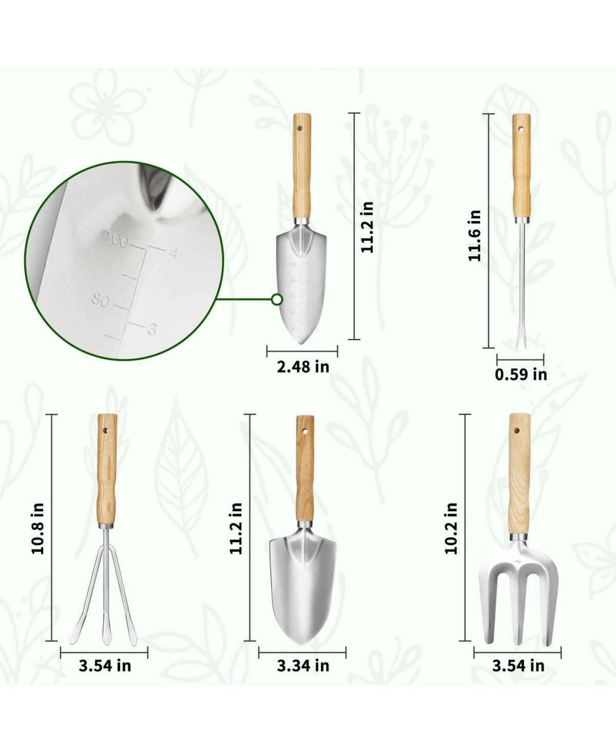 Xdovet Garden Tool Set 5pcs Wooden Handle Stainless Steel Weeder Trowel Cultivator