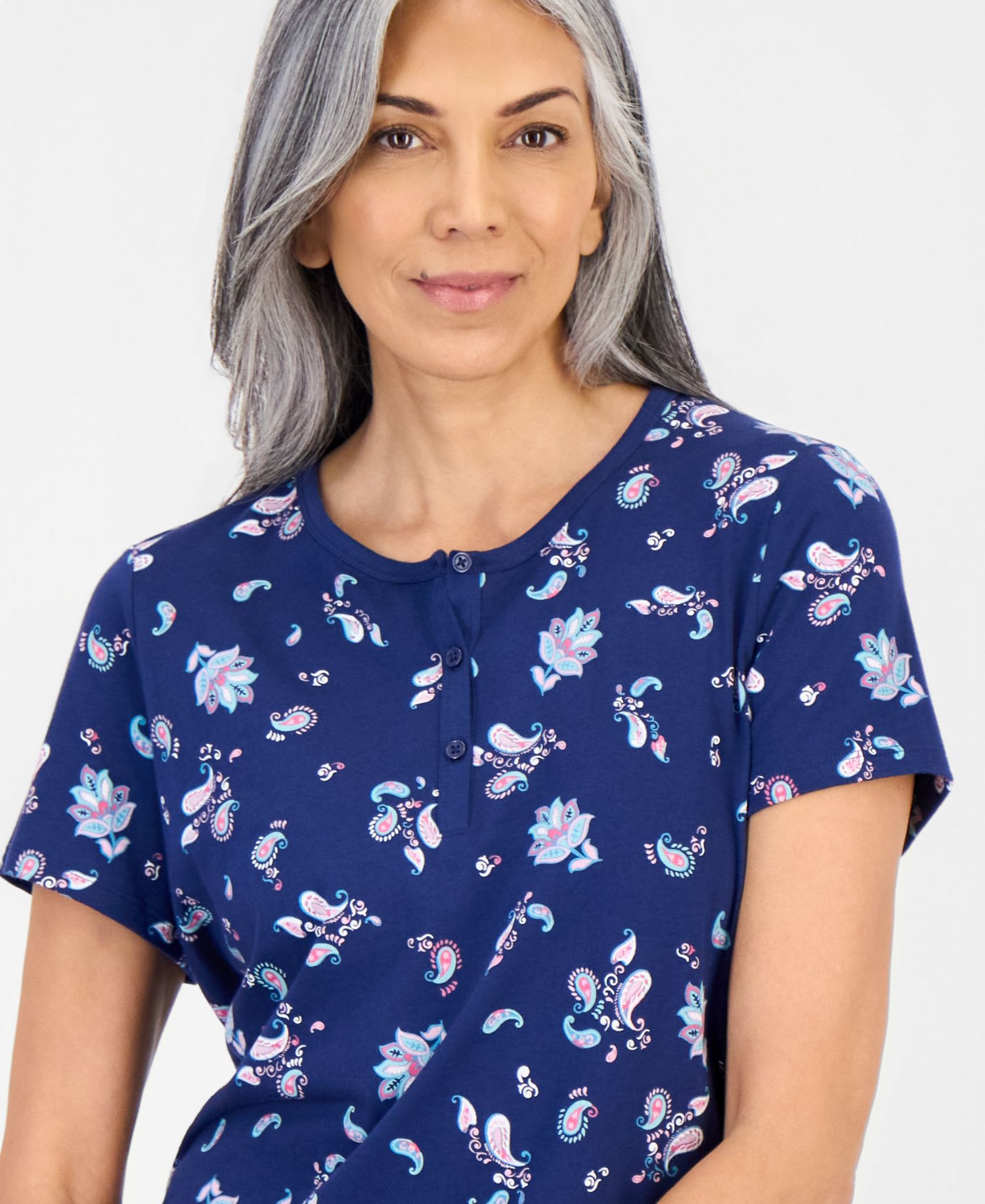 Women's Cotton Printed Henley Sleepshirt