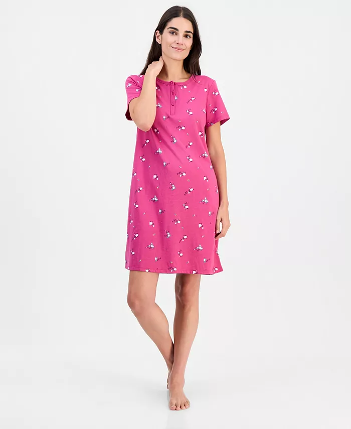 Women's Cotton Printed Henley Sleepshirt - thumbnail 9