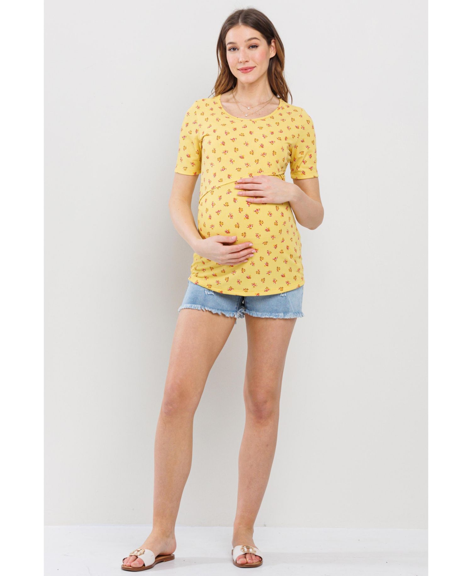 Maternity Floral Rib Short Sleeve Crossover Nursing Shirt