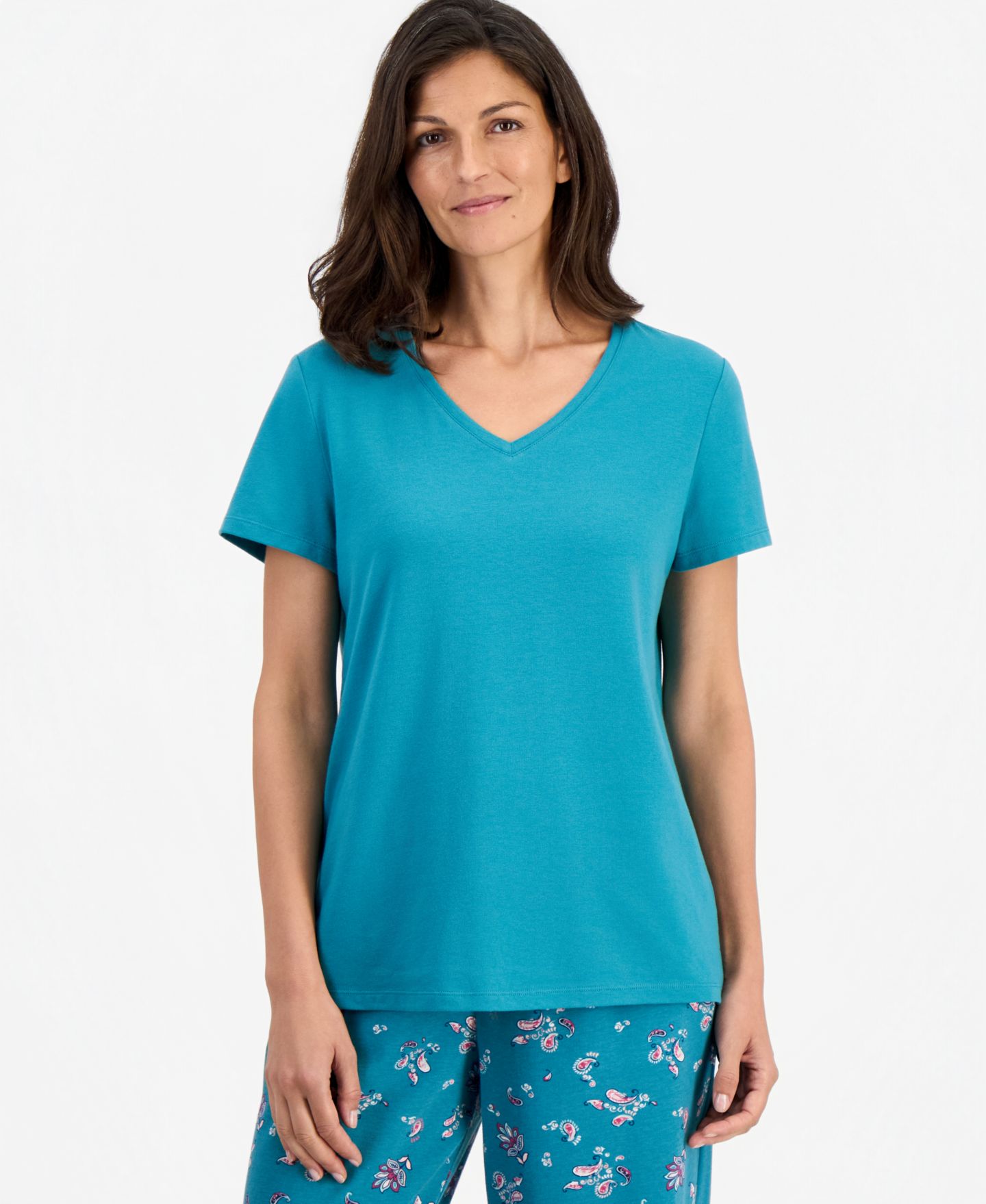 Женский топ Charter Club Solid V-Neck Short-Sleeve Sleepwear Top, цвет: Бирюзовый — фото 6
