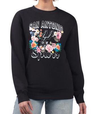 Women's Black San Antonio Spurs Flowers Team Logo Graphic Fleece Crewneck Pullover Sweatshirt