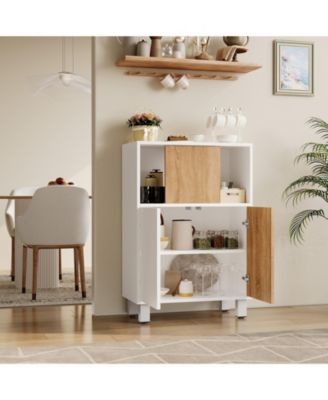 Wooden Freestanding Storage Cabinet with Sliding Doors and Adjustable Shelves, Multi-Use Organizer for Office, Living Room, Kitchen, Bathroom