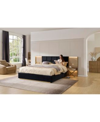  Luxurious Velvet Platform Bed with Built-in Lamps Tables and Metal Frame