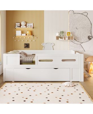 Wood Platform Bed with Guardrail and Drawer