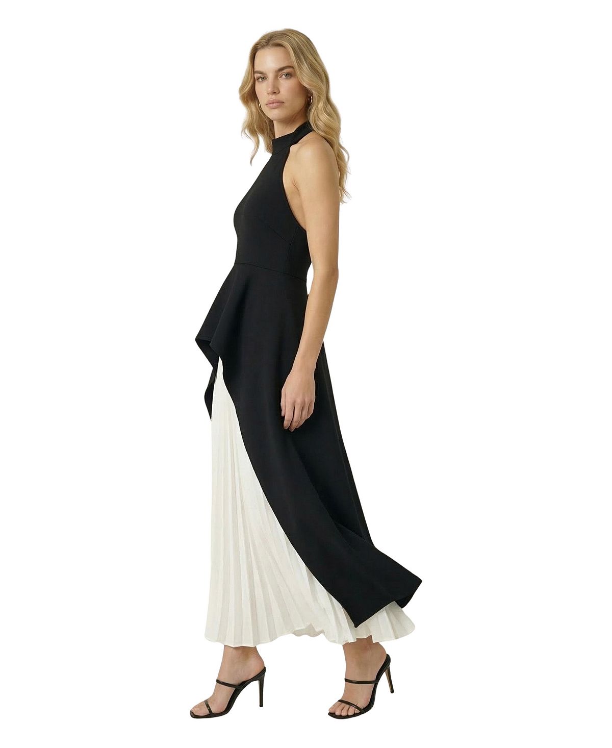 Modenaire Women's Halter-Neck Asymmetric Layered Pleated Midi Dress view 3 — MAYCSS fashion products
