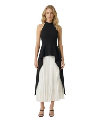 Women's Halter-Neck Asymmetric Layered Pleated Midi Dress