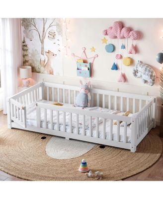 Twin Size Bed Floor Bed with Safety Guardrails and Door for Kids