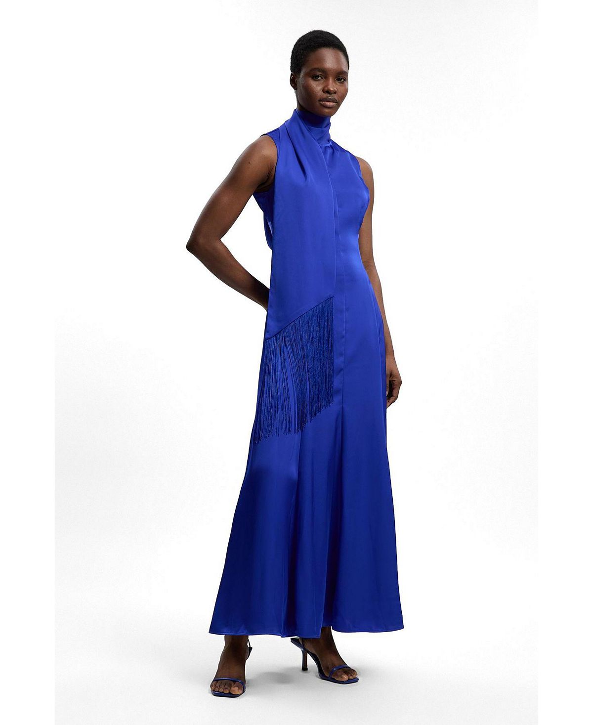 Karen Millen Women's Satin Cowl Neck Scarf Fringe Maxi Dress view 1 — MAYCSS fashion products