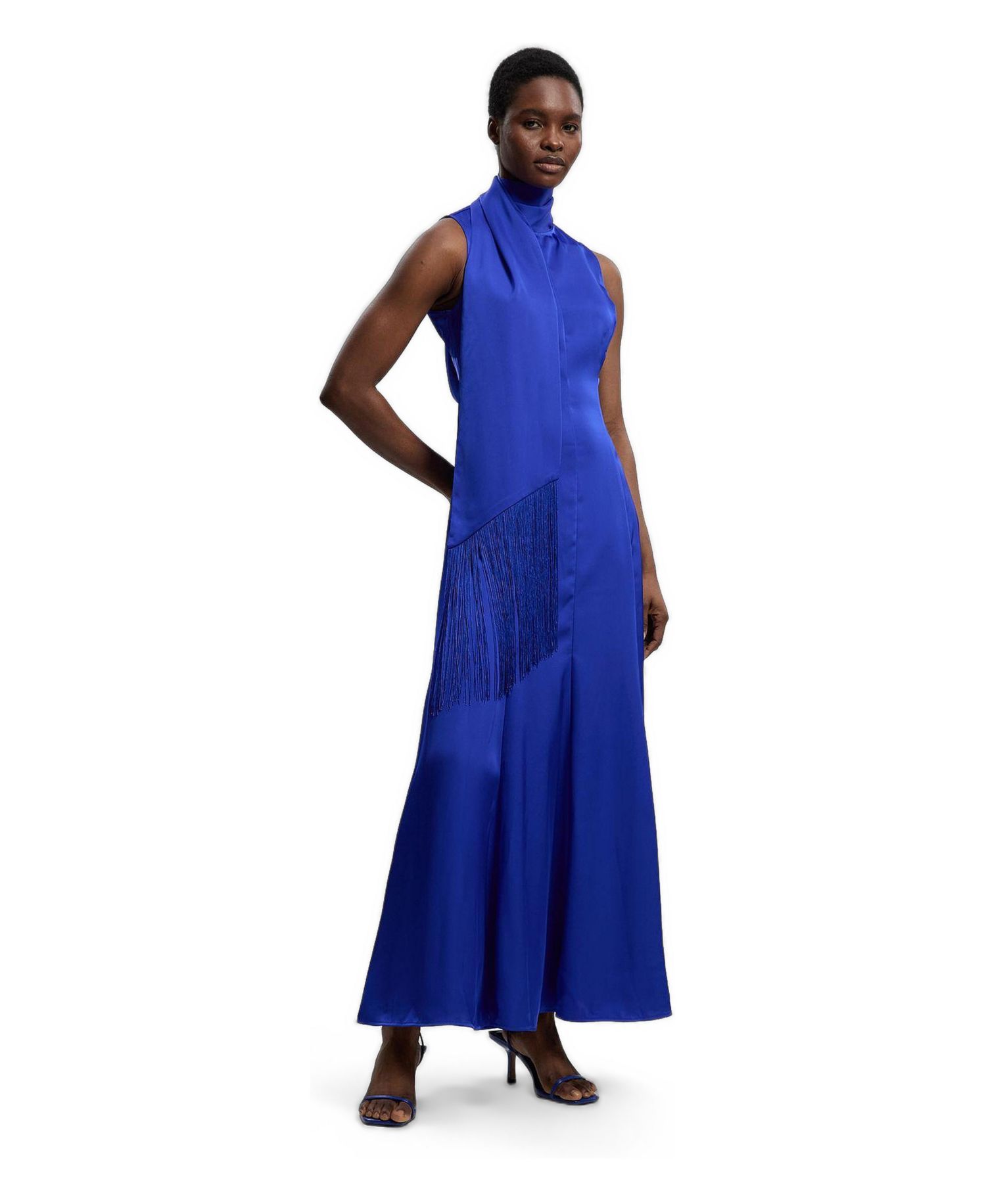 Women's Satin Cowl Neck Scarf Fringe Maxi Dress