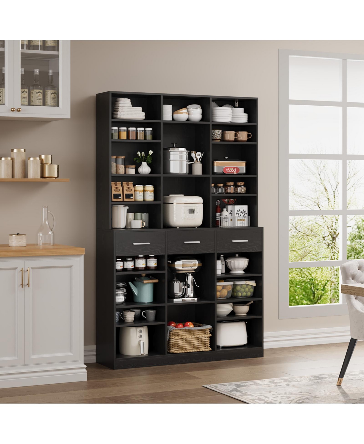 homfan 75" Tall Bookcase with Drawers, 9-Tier Adjustable Shelves, Farmhouse Wood Bookshelf for Living Room and Office