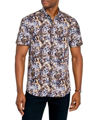Men's Regular Fit 4-Way Stretch Performance Leopard Print Short Sleeve Button Down