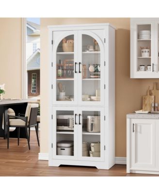 70 Inch Tall Pantry Cabinet with Arched Glass Doors, Adjustable Shelves, Kitchen Storage Cupboard for Living Room and Dining