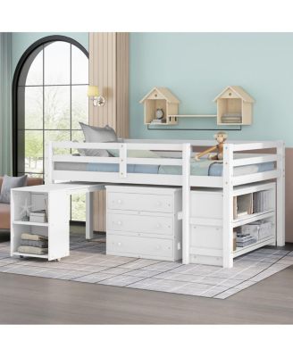 Low Study Full Loft Bed with Cabinet Shelves and Rolling Desk