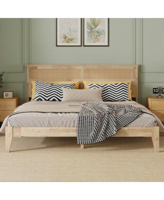 King Size Solid Wood Bed with Rattan Headboard and Central Support