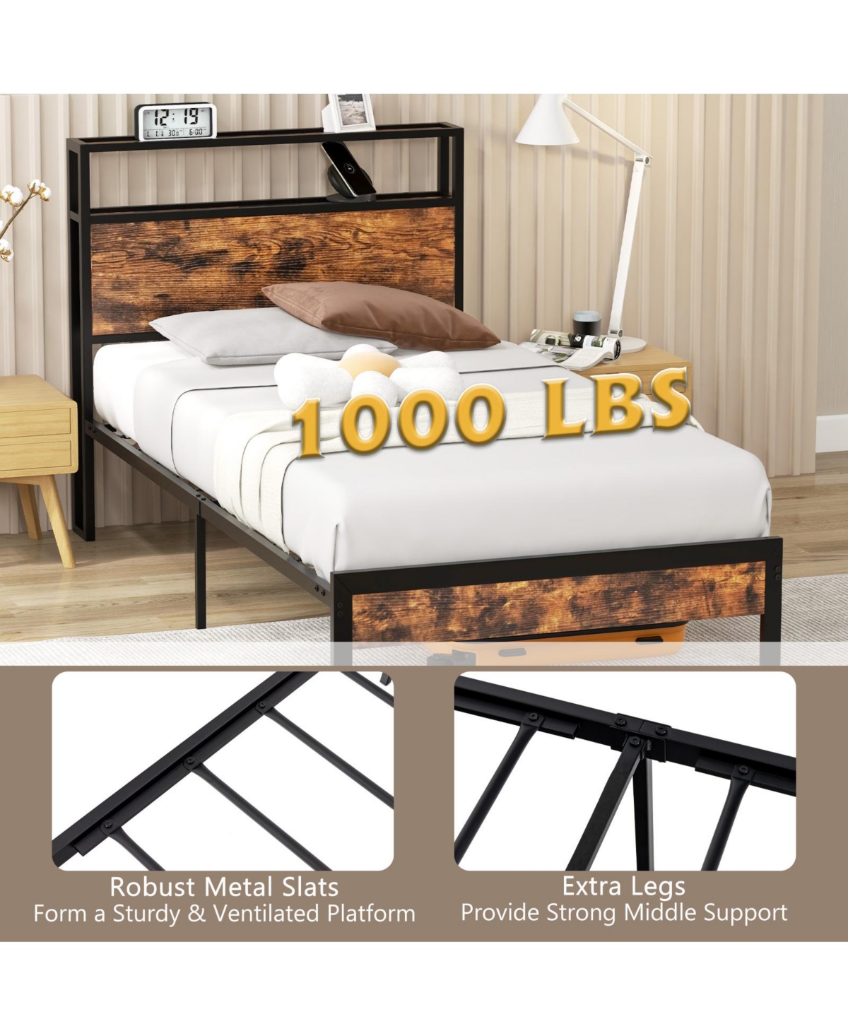 Gouun Bed Frame with Storage Headboard and Charging Station