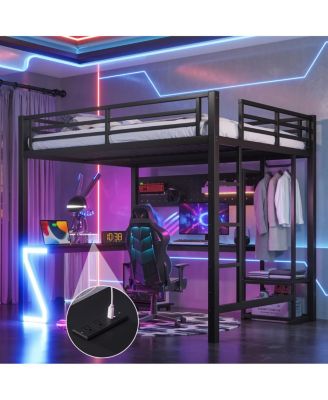 Metal Loft Bed with L-Shaped Desk USB Ports and LED Lights