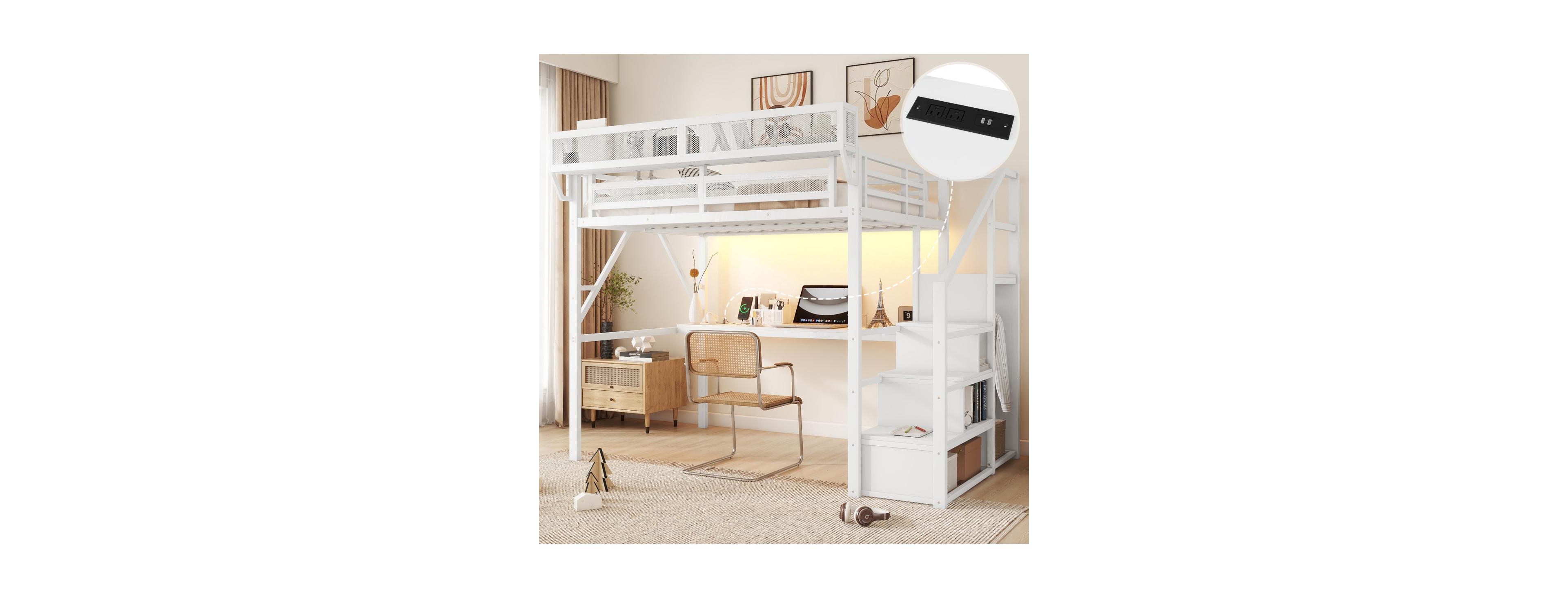 Streamdale Furniture Loft Bed with Desk Charging Station and Stairs