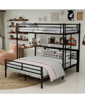 Metal Loft Bed with Desk Ladder and Guardrails for Teens and Adults