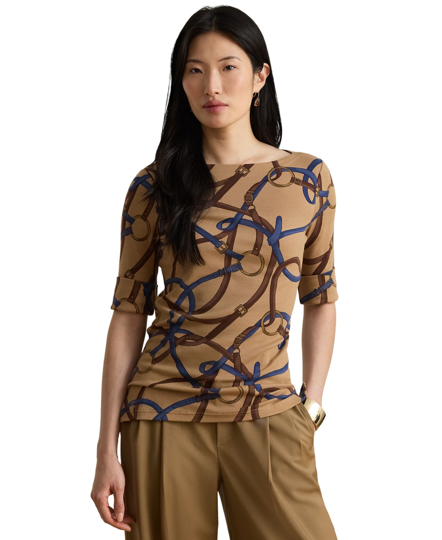Женский топ Lauren Ralph Lauren Petite Belting Print Boat Neck, цвет: Верблюжий разноцветный — фото 1